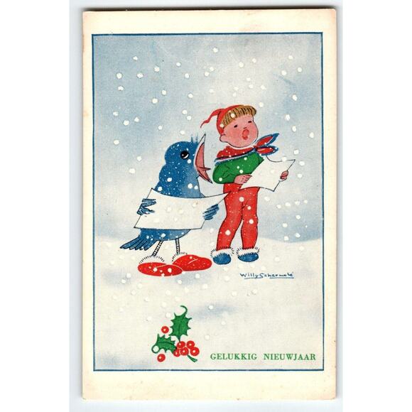 Fantasy Postcard Fairy Boy Singing Blue Bird Snow Willy Schermele Dutch Artist - Picture 1 of 2